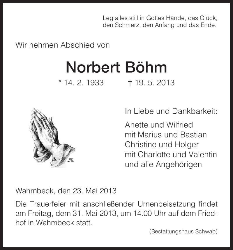 Traueranzeige für Norbert Böhm vom 23.05.2013 aus HNA
