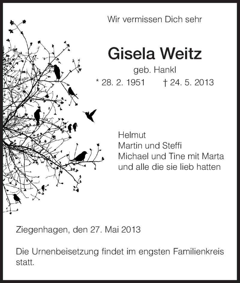  Traueranzeige für Gisela Weitz vom 27.05.2013 aus HNA