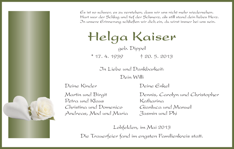  Traueranzeige für Helga Kaiser vom 28.05.2013 aus HNA