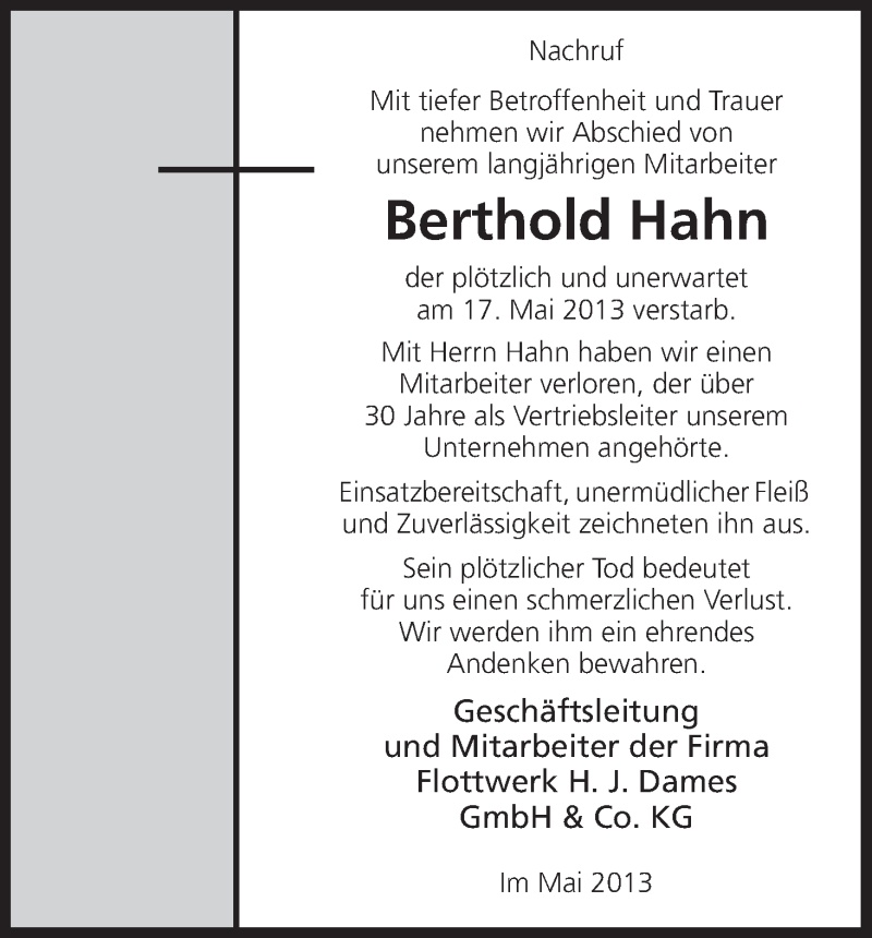  Traueranzeige für Berthold Hahn vom 29.05.2013 aus HNA
