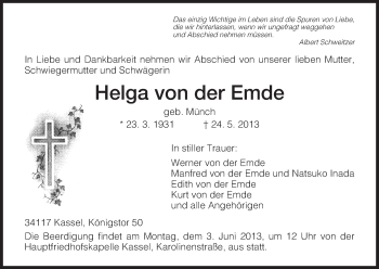 Traueranzeige von Helga von der Emde von HNA