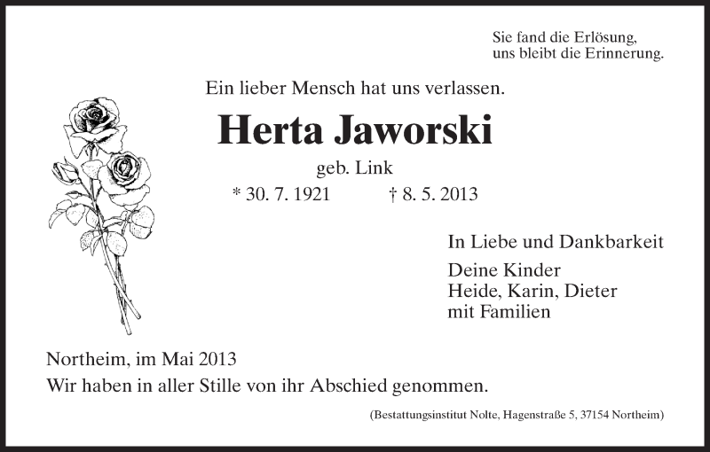  Traueranzeige für Herta Jaworski vom 01.06.2013 aus HNA