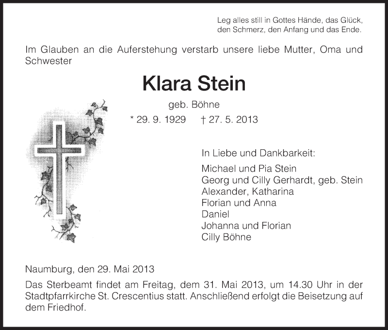  Traueranzeige für Klara Stein vom 29.05.2013 aus HNA