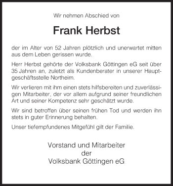 Traueranzeige von Frank Herbst von HNA
