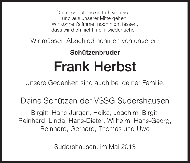  Traueranzeige für Frank Herbst vom 30.05.2013 aus HNA