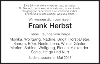Traueranzeige von Frank Herbst von HNA