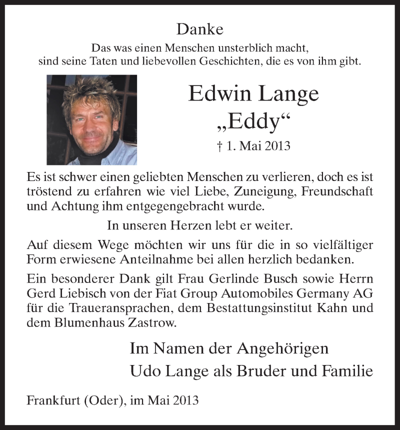  Traueranzeige für Edwin Lange vom 01.06.2013 aus HNA