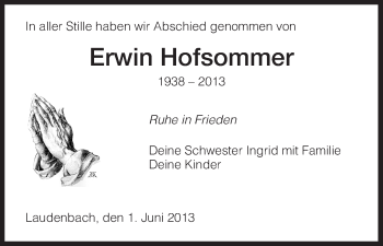Traueranzeige von Erwin Hofsommer von HNA