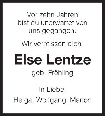 Traueranzeige von Else Lentze von HNA