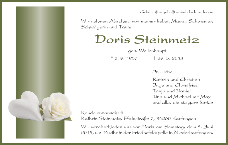  Traueranzeige für Doris Steinmetz vom 05.06.2013 aus HNA