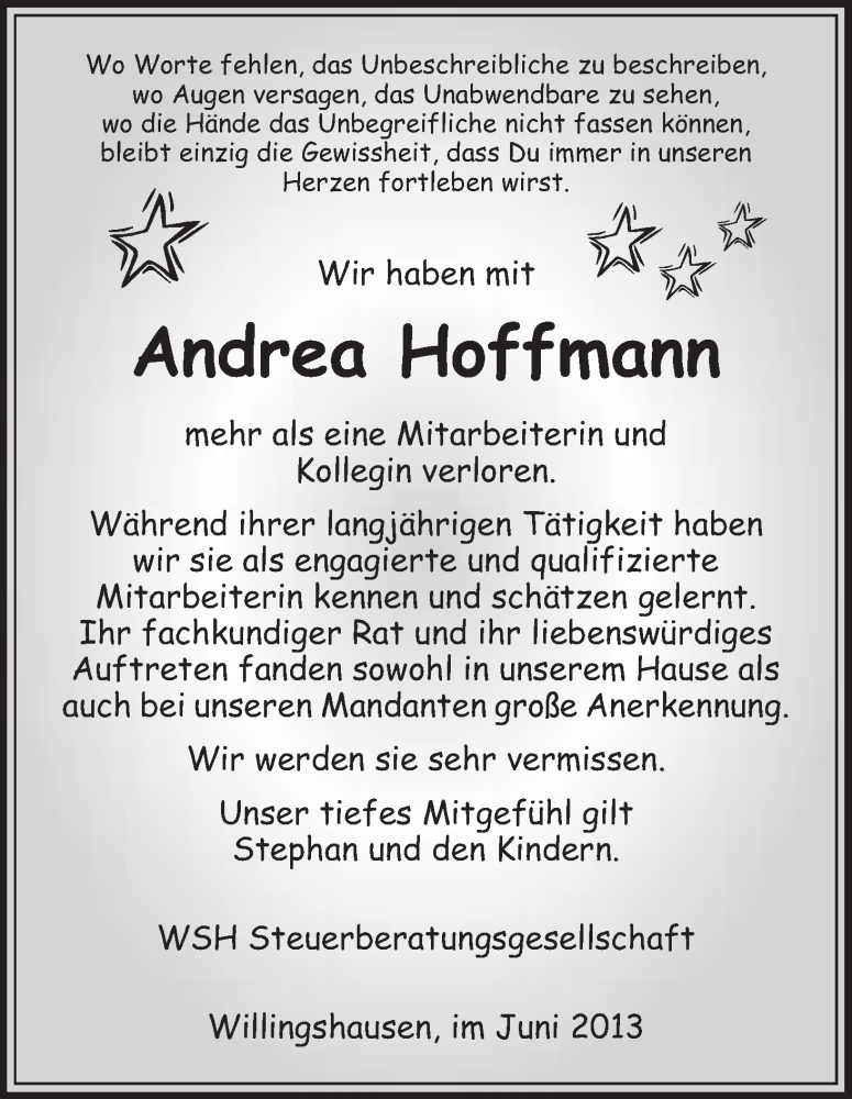  Traueranzeige für Andrea Hoffmann vom 05.06.2013 aus HNA