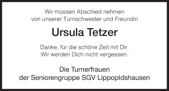 Traueranzeige von Ursel Tetzer von HNA
