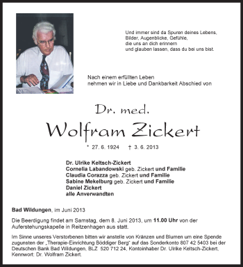 Traueranzeige von Wolfram Zickert von HNA