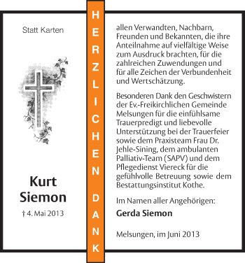 Traueranzeige von Kurt Siemon von HNA