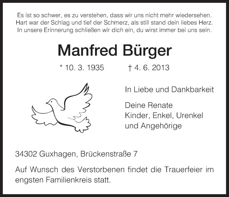  Traueranzeige für Manfred Bürger vom 11.06.2013 aus HNA