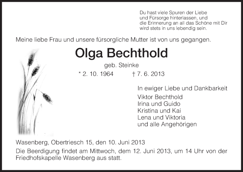  Traueranzeige für Olga Bechthold vom 10.06.2013 aus HNA