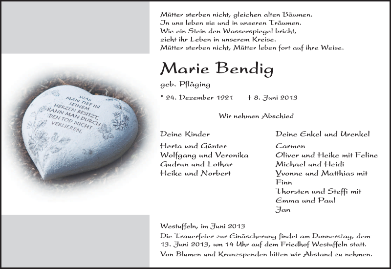  Traueranzeige für Marie Bendig vom 10.06.2013 aus HNA