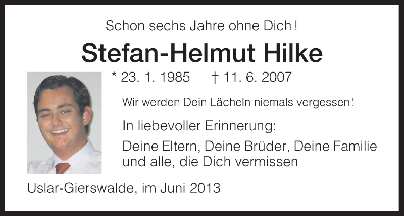 Traueranzeige für Stefan-Helmut Hilke vom 11.06.2013 aus HNA