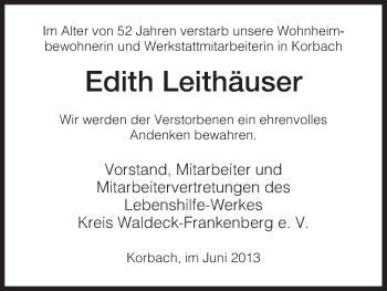 Traueranzeige von Edith Leithäuser von HNA