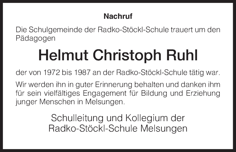  Traueranzeige für Helmut Christoph Ruhl vom 11.06.2013 aus HNA