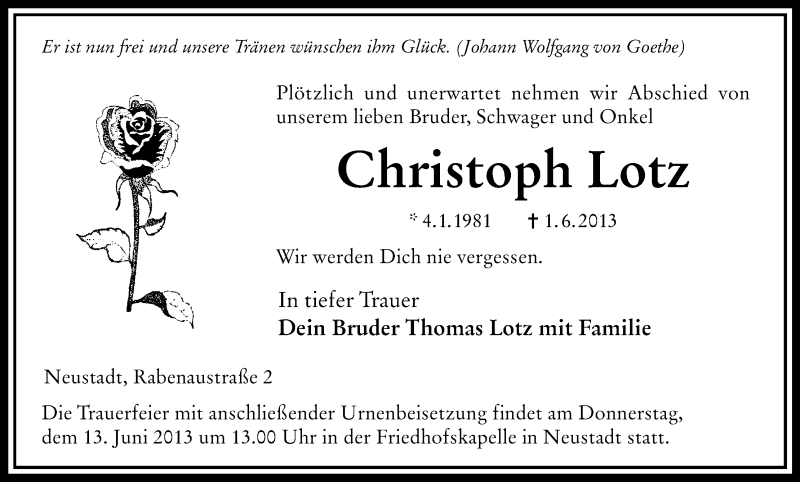  Traueranzeige für Christoph Lotz vom 12.06.2013 aus HNA