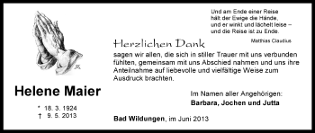 Traueranzeige von Helene Maier von HNA