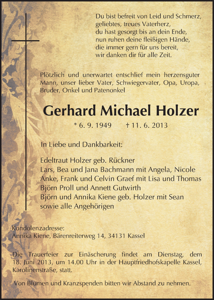  Traueranzeige für Gerhard Michael Holzer vom 14.06.2013 aus HNA