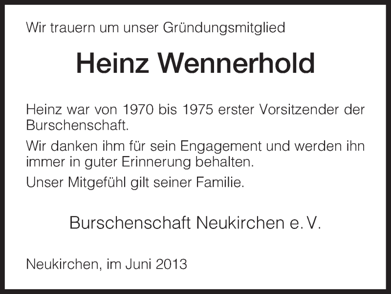  Traueranzeige für Heinz Wennerhold vom 17.06.2013 aus HNA