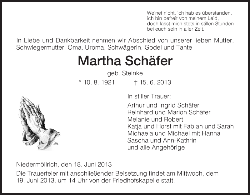 Traueranzeige für Martha Schäfer vom 18.06.2013 aus HNA