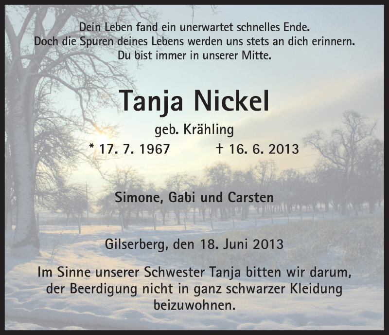  Traueranzeige für Tanja Nickel vom 18.06.2013 aus HNA