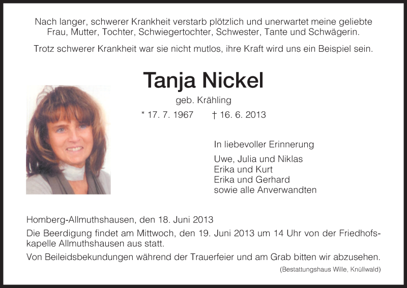 Traueranzeigen Von Tanja Nickel Trauer Hna De