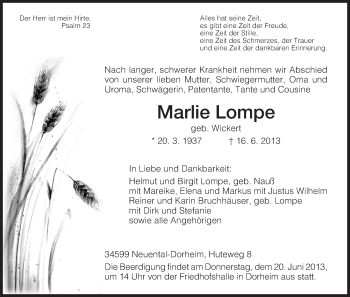 Traueranzeige von Marlie Lompe von HNA