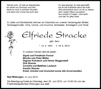 Traueranzeige von Elfriede Stracke von HNA