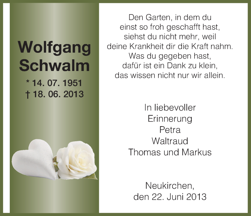  Traueranzeige für Wolfgang Schwalm vom 22.06.2013 aus HNA