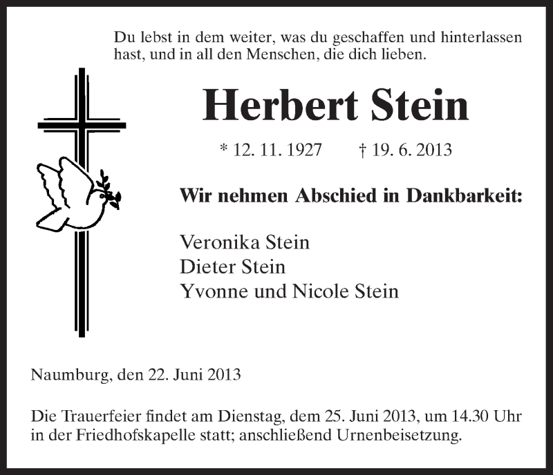  Traueranzeige für Herbert Stein vom 22.06.2013 aus HNA