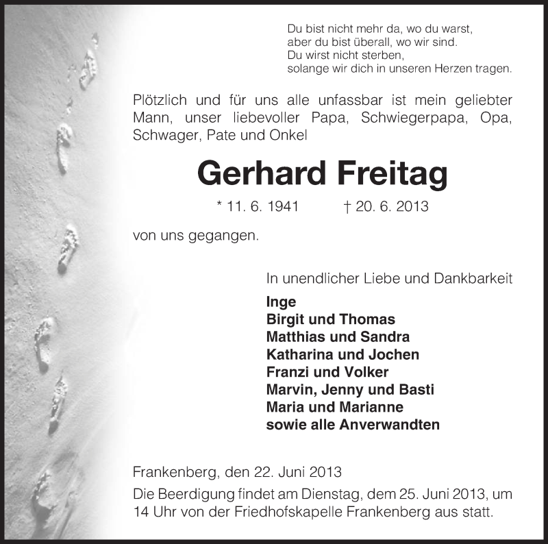 Traueranzeige für Gerhard Freitag vom 22.06.2013 aus HNA