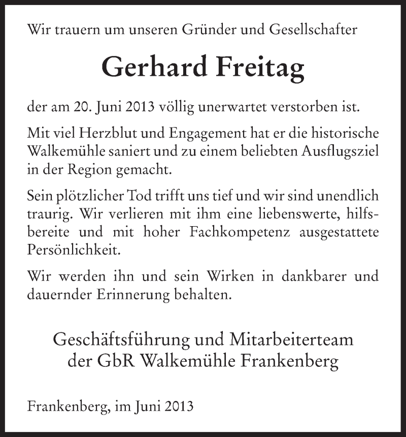  Traueranzeige für Gerhard Freitag vom 25.06.2013 aus HNA
