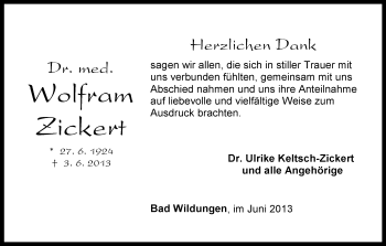 Traueranzeige von Wolfram Zickert von HNA