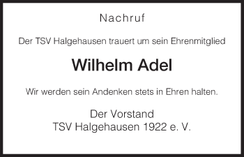 Traueranzeige von Wilhelm Adel von HNA