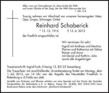 Traueranzeige von Reinhard Schaberick von HNA