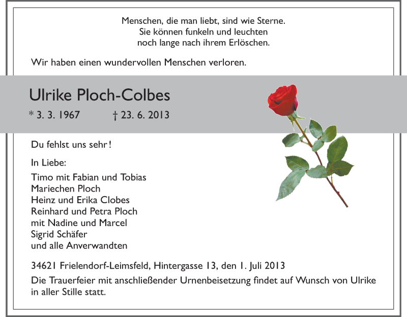  Traueranzeige für Ulrike Ploch-Clobes vom 01.07.2013 aus HNA