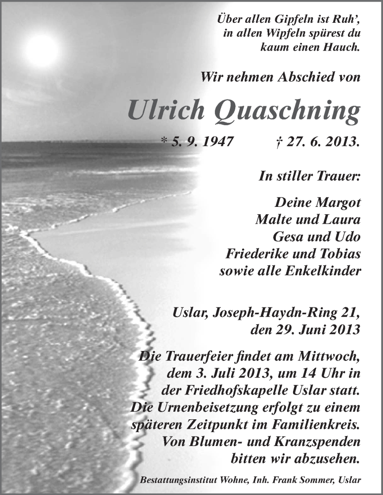  Traueranzeige für Ulrich Quaschning vom 29.06.2013 aus HNA