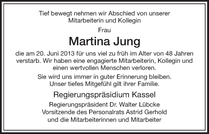  Traueranzeige für Martina Jung vom 29.06.2013 aus HNA
