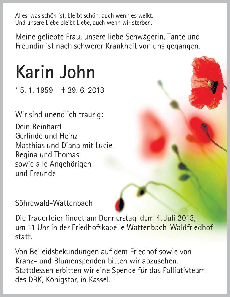  Traueranzeige für Karin John vom 02.07.2013 aus HNA