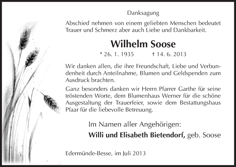  Traueranzeige für Wilhelm Soose vom 06.07.2013 aus HNA