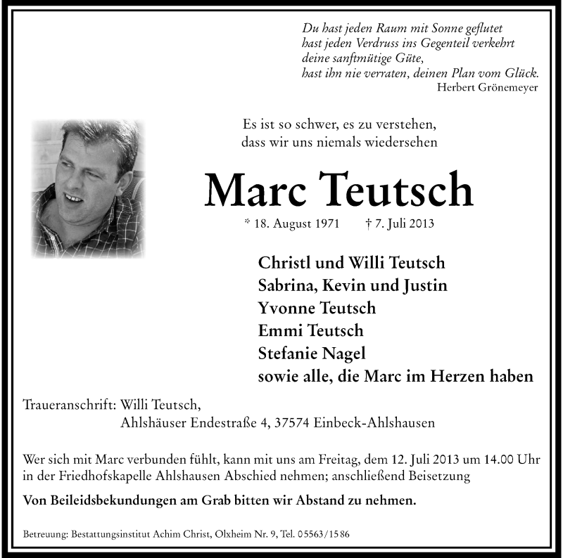  Traueranzeige für Marc Teutsch vom 10.07.2013 aus HNA