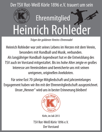 Traueranzeige von Heinrich Rohleder von HNA