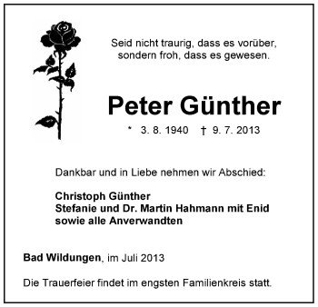 Traueranzeige von Peter Günther von HNA
