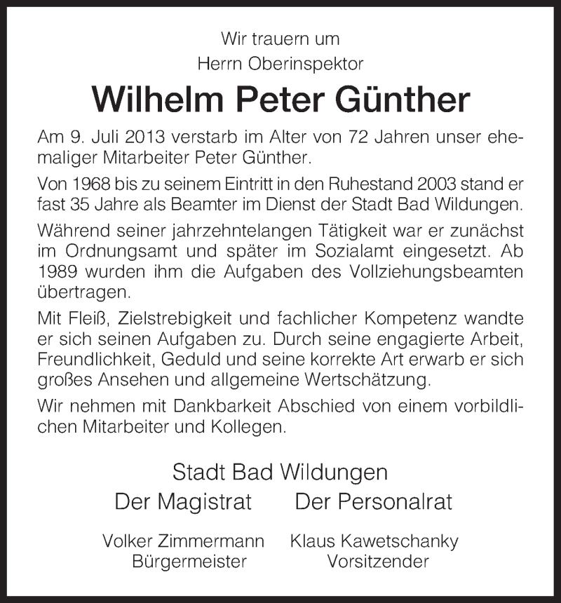  Traueranzeige für Wilhelm Peter vom 13.07.2013 aus HNA