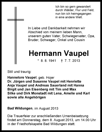 Traueranzeige von Hermann Vaupel von HNA